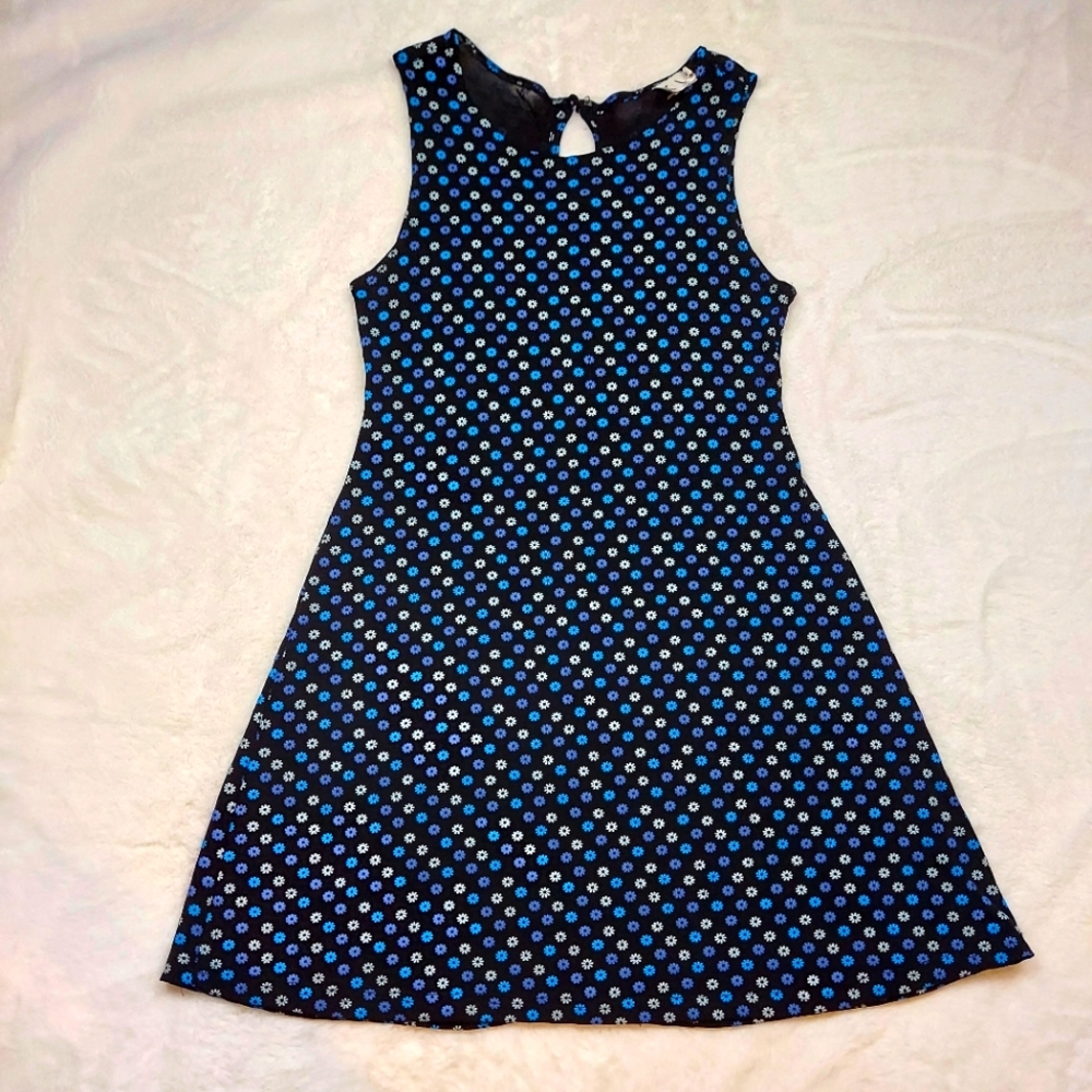 Vintage CLE Blue Black Floral Stretch Sleeveless Lightweight Mini Dress Size M